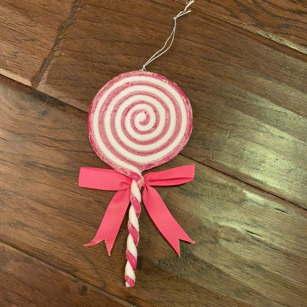 Pink & White swirl lollipop Holiday Christmas Tree ornament glitter & bow 7x3.5” - Picture 4 of 9